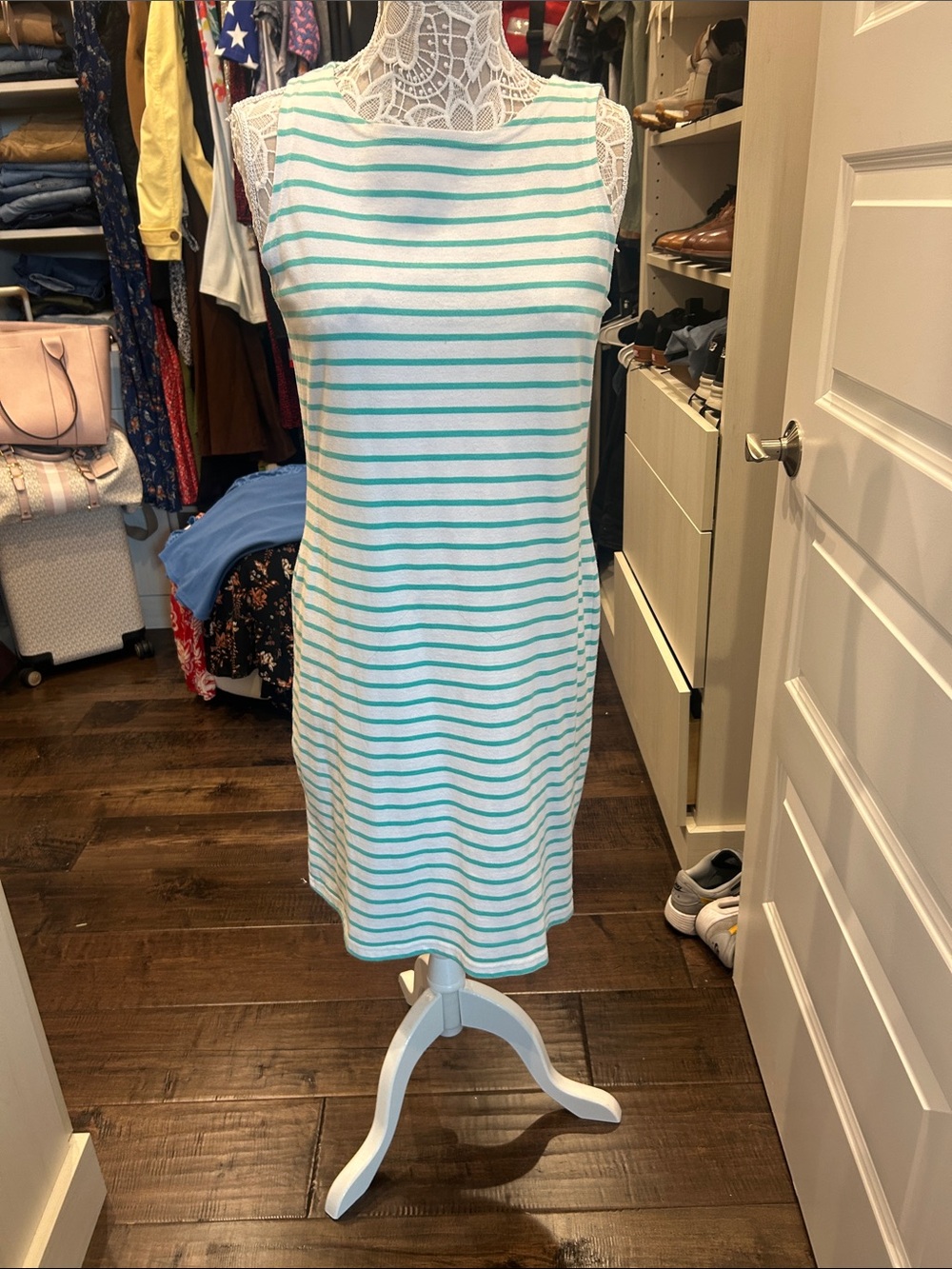 Striped Mint & White Sleeveless Shift Dress